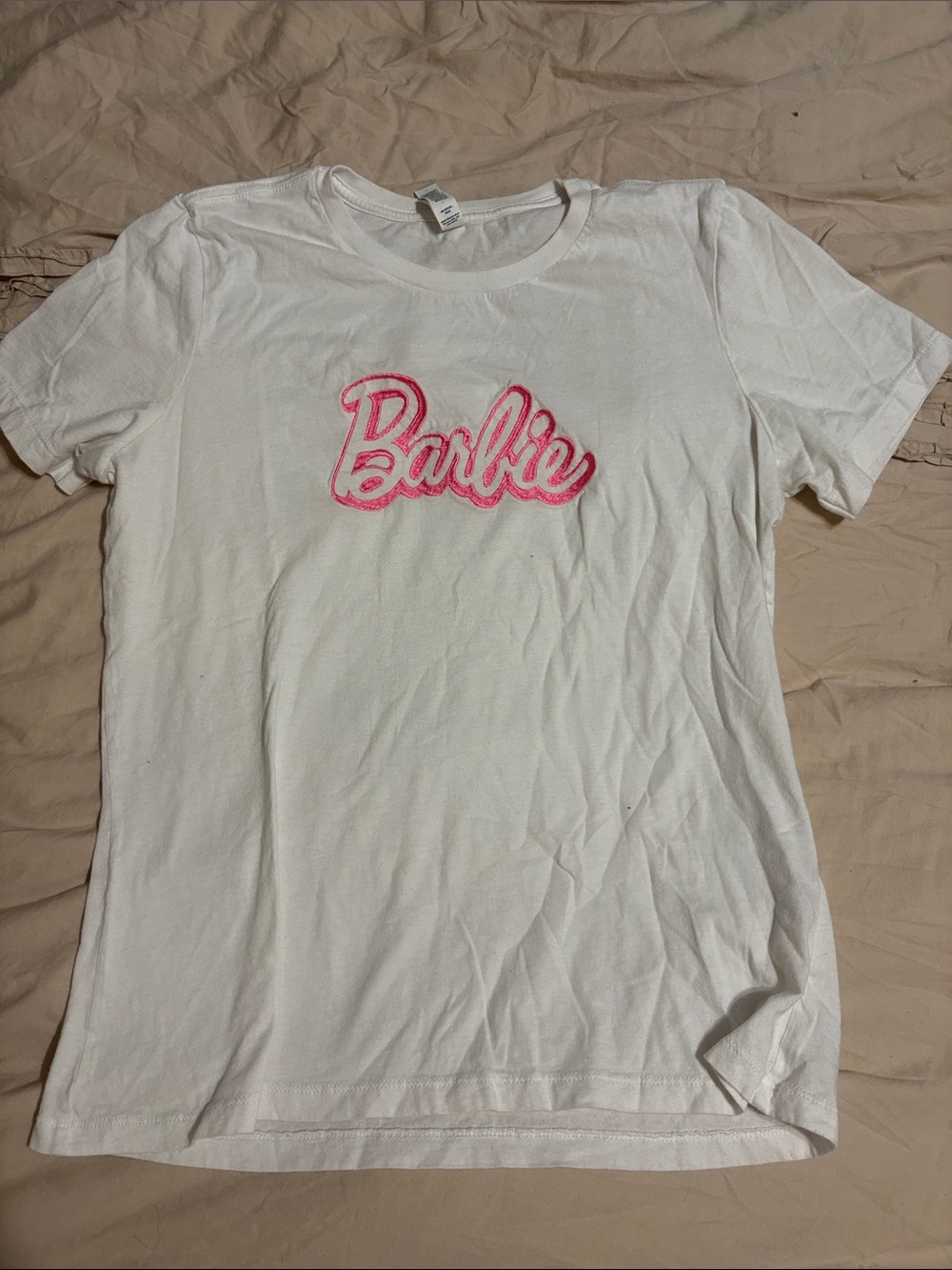Barbie White Tee with Pink Script Logo
